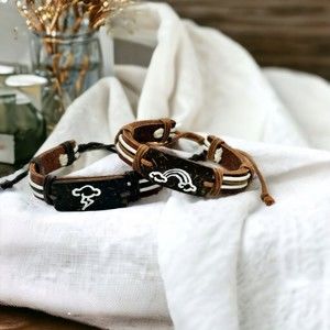 Leather Bracelet Hemp Cord Carved Rainbow Lightning Brown Tan Adjustable Slide